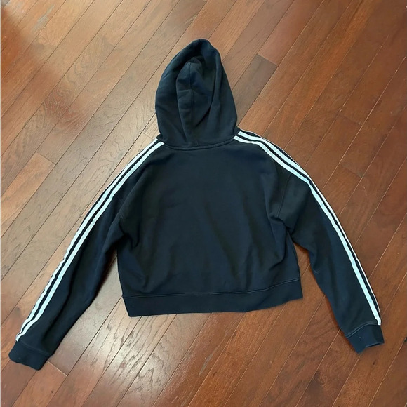 Adidas Originals Cropped Hoodie Sweatshirt in Black 3 Stripe Womens Size M - Picture 6 of 10
